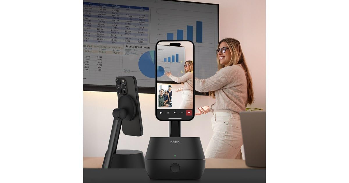 Belkin Soporte para móvil Pro con Seguimiento automático y DockKit, Cargador inalámbrica MagSafe de 15 W, rastreo 360°, integración iOS para iPhone 16, 15, 14, 13 y 12, Adaptador CA y Cable de 1,5 m