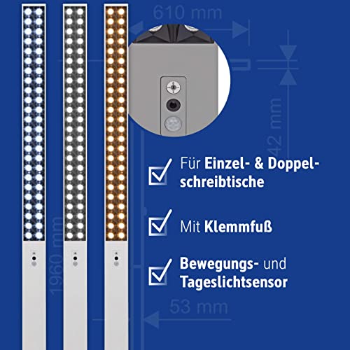 MAUL MAULsirius 8259395, Lámpara de pie con pinza y detector de movimiento, regulable, sensor de luz diurna, para oficina, estación de trabajo, pinza de mesa, 8750 lúmenes, color plateado
