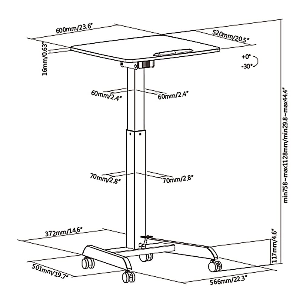 Maclean MC-892B Escritorio para Ordenador portátil de Altura Regulable con Ruedas Escritorio de pie Regulable en Altura hasta un máximo de 113 cm 30 Grados Inclinable Negro