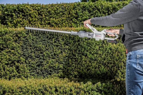 IKRA Tijeras Cortasetos 2 en 1 ICPH 2050 con pértiga telescópica para setos Altos, Incl. batería de 20V, estación de Carga y Cinta de Hombro