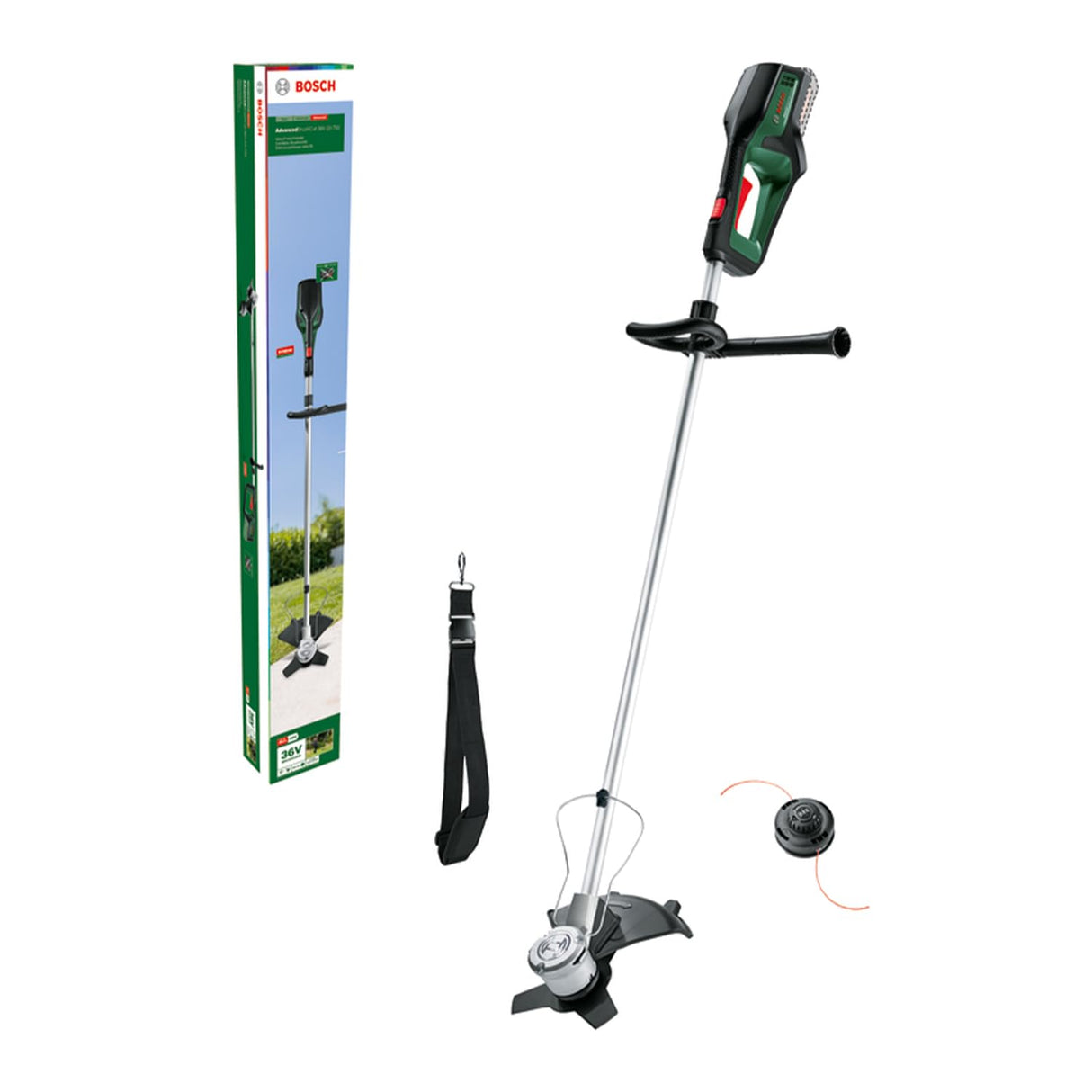 Bosch desbrozadora a batería AdvancedBrushCut 36V-23-750 (para tareas de desbroce exigentes; sistema de 36 voltios; diámetro de corte: 33 cm (hilo), 23 cm (cuchilla); 1 batería de 2,0 Ah y cargador)
