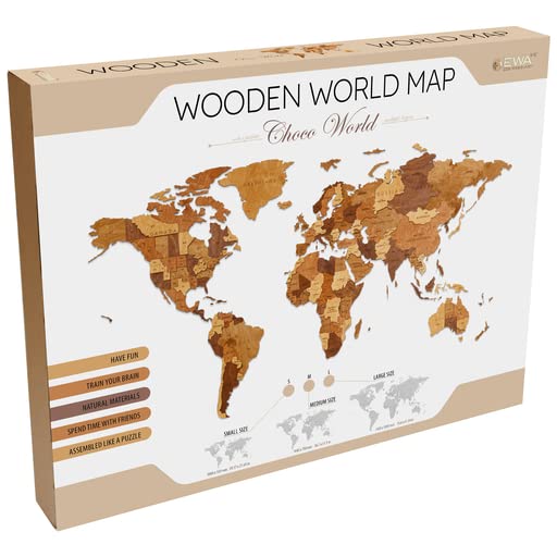 EWA Eco-Wood-Art - Mapa del Mundo L Mundo Chocó - Rompecabezas 3D de Madera para Interior y diseño - Recuerdo, Regalo, Cocina, Decoración del hogar, Interior - 127 Piezas