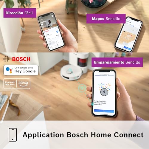 Bosch - Robot Aspirador Spotless +, BCRD1W, aspira y friega, Potencia 11.000 Pa², Almohadilla húmeda Fija, estación Seca, Sistema Inteligente de visión por Infrarrojos, Bosch Home Connect App, Blanco