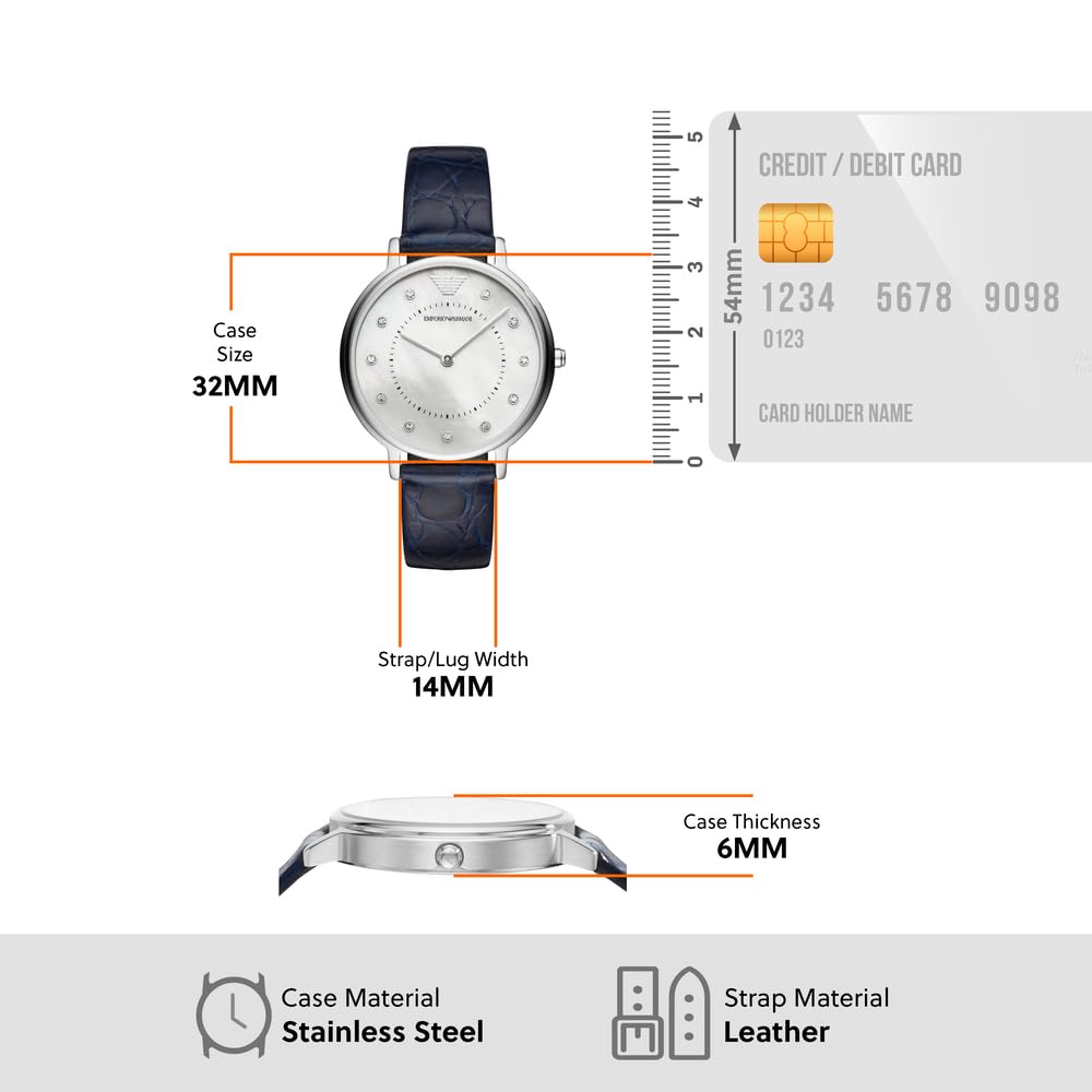 Emporio Armani Reloj de mujer, movimiento de dos manecillas, caja de acero inoxidable plateado de 32 mm con correa de piel, AR11095, Azul marino y blanco roto
