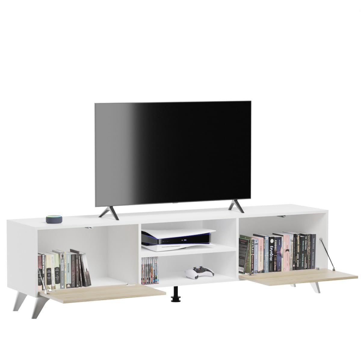 Homey Mueble de TV de Diseño Nórdico, 2 Compartimentos de Almacenamiento y 2 Puertas, Apto para Televisores de hasta 77 Pulgadas, Color Blanco-Roble