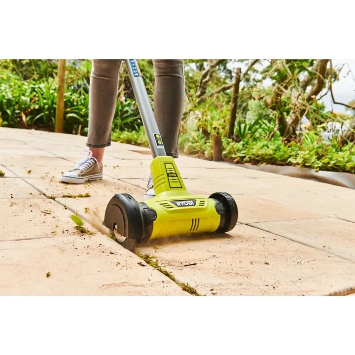 RYOBI - Limpiador de Juntas Sin Cable 18V ONE+ - Limpieza de Terrazas, Calzadas, Bordes de Piscinas - Mango Ergonómico, Tubo Telescópico - Buena Autonomía - Batería 2Ah, Cargador 1,5A, Cepillo Alambre