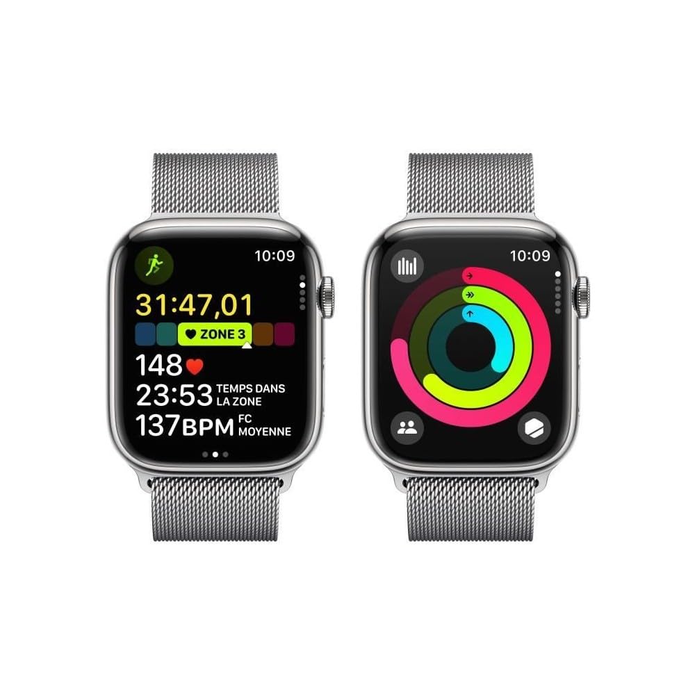 Apple Watch Series 9 GPS + Cellular - 45mm - Boîtier Acier Argent - Bracelet Silver Milanese Loop