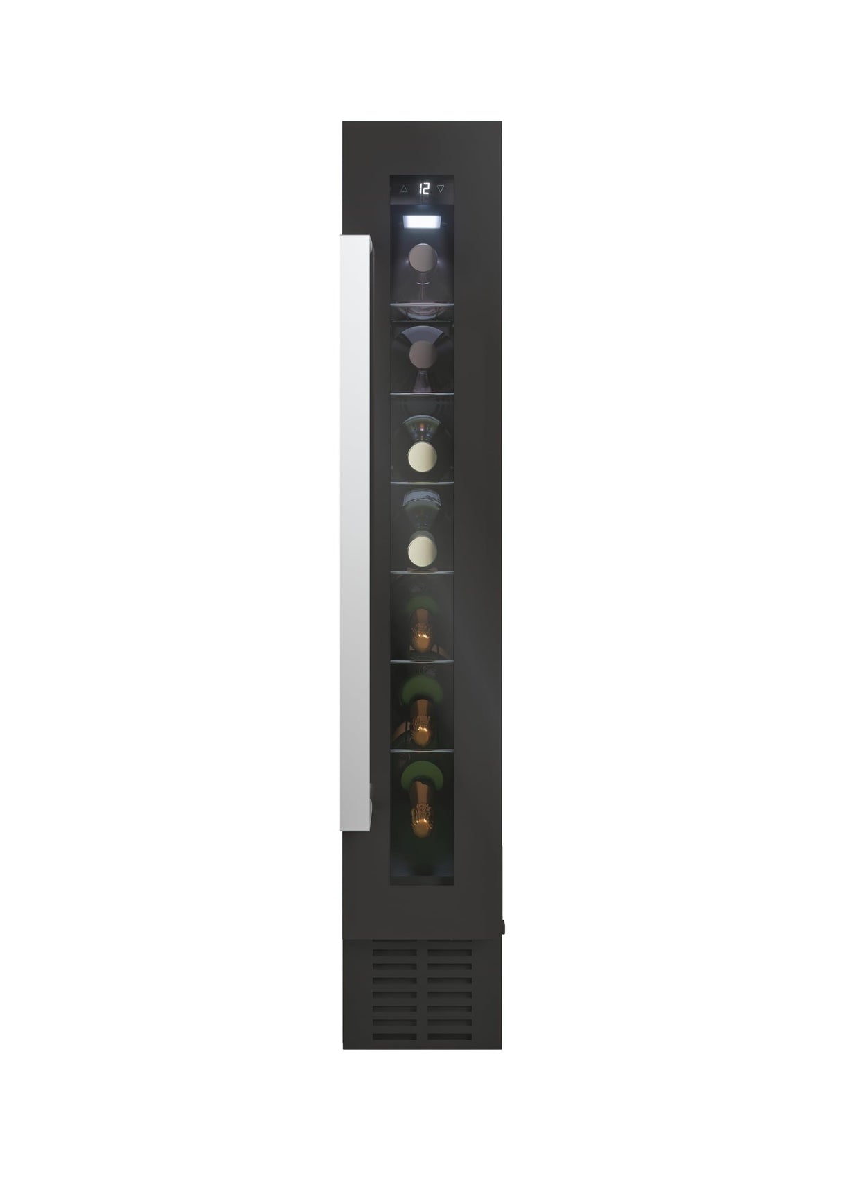 Candy DiVino CCVB 15/1, Vinoteca Integrable Estrecha, 20L, 7 Botellas, Puerta Reversible, 6 Baldas, Tratamiento Anti-UV, Compresor Antivibraciones, LED, Temperatura 5º a 18º, 39DB, Clase C, Negro