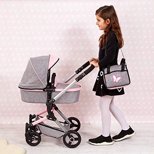 Bayer Design- Cochecito de Muñecas Neo Vario Combolso Cambiador, Convertible, Plegable, Color Vaqueros Grises, Rosa, Mariposa (18433Aa)