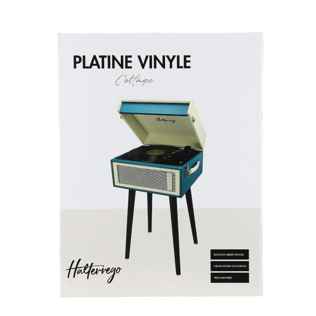 Platino de Vinilo Halterrego con 4 Patas de Madera extraíbles y HP integradas, RMS 2 x 5 W, RCA out, Aux in y Toma de Auriculares, BT in/out, lec y enrg USB, Azul Pato