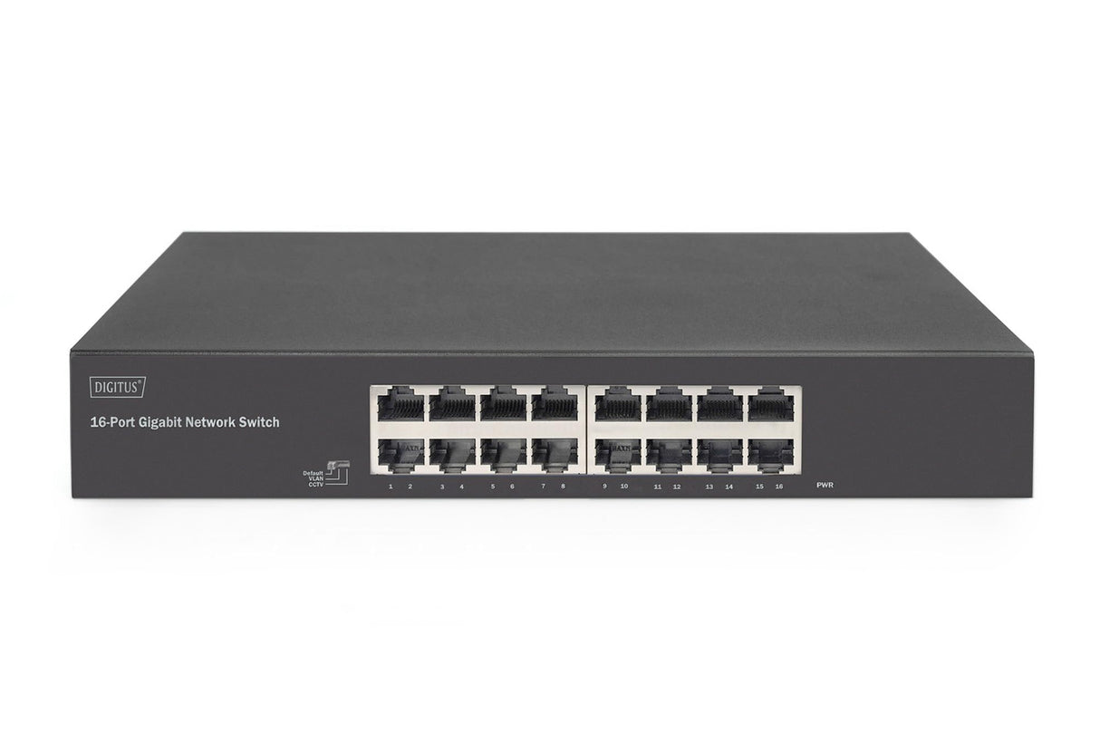 DIGITUS DN-80112-2 - Conmutador de Red Gigabit - 16 Puertos - no gestionado - sin Ventilador - Compatible con VLAN y CCTV - 16x RJ45-10/100/1000 Mbit/s - Soportes de Montaje de 19 Pulgadas - Negro