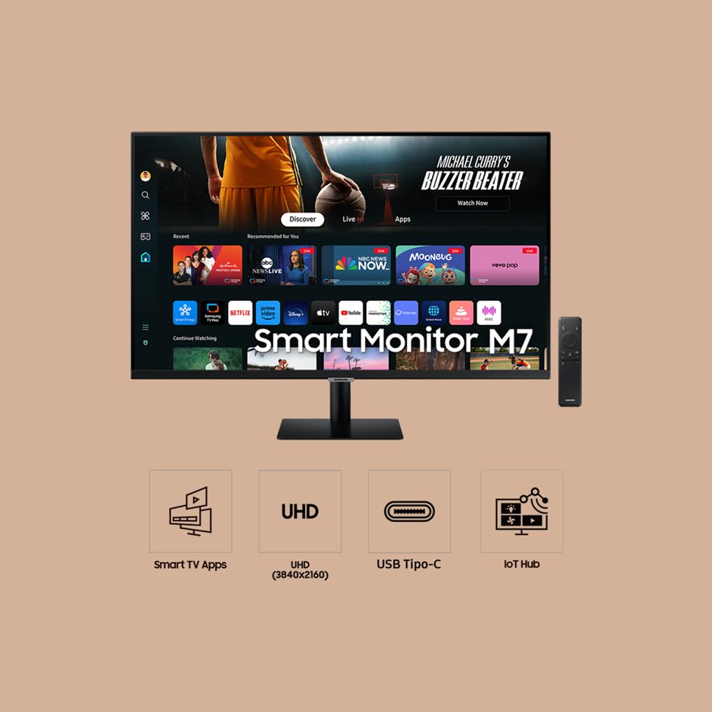 Samsung LS32DM700UUXEN - Smart Monitor M7 de 32" UHD (3840 x 2160, 16:9, 60Hz, 4ms, Modo Eye Saver, Flicker Free), Negro, Versión 2024, Negro, Versión 2024