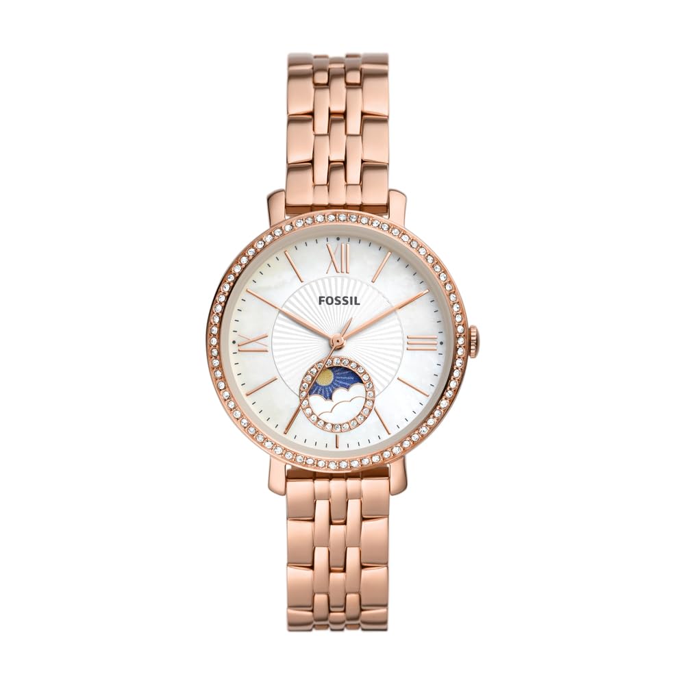 Fossil Jacqueline Reloj para Mujer, Movimiento multifunción con Correa de Acero Inoxidable o Piel, Tono Oro Rosa y Blanco, 36MM