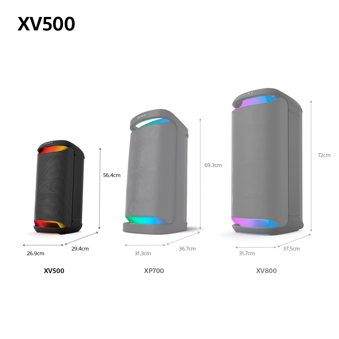 Sony SRS-XV500 Altavoz Inalámbrico Bluetooth para Fiestas, Sonido Potente, Mega Bass, 25h Autonomía, Portátil, Iluminación LED, Party Connect, Clasificación IPX4, Entrada Micrófono o Guitarra