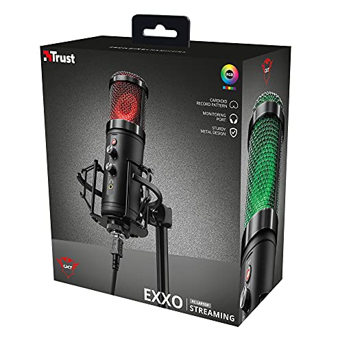 Trust Gaming GXT 256 Exxo Micrófono USB, Patrón Cardioide, con Filtro Pop, USB, RGB, Micrófono Streaming para Grabación, Podcasting, Radiodifusión, PC, PS4 y PS5 - Negro