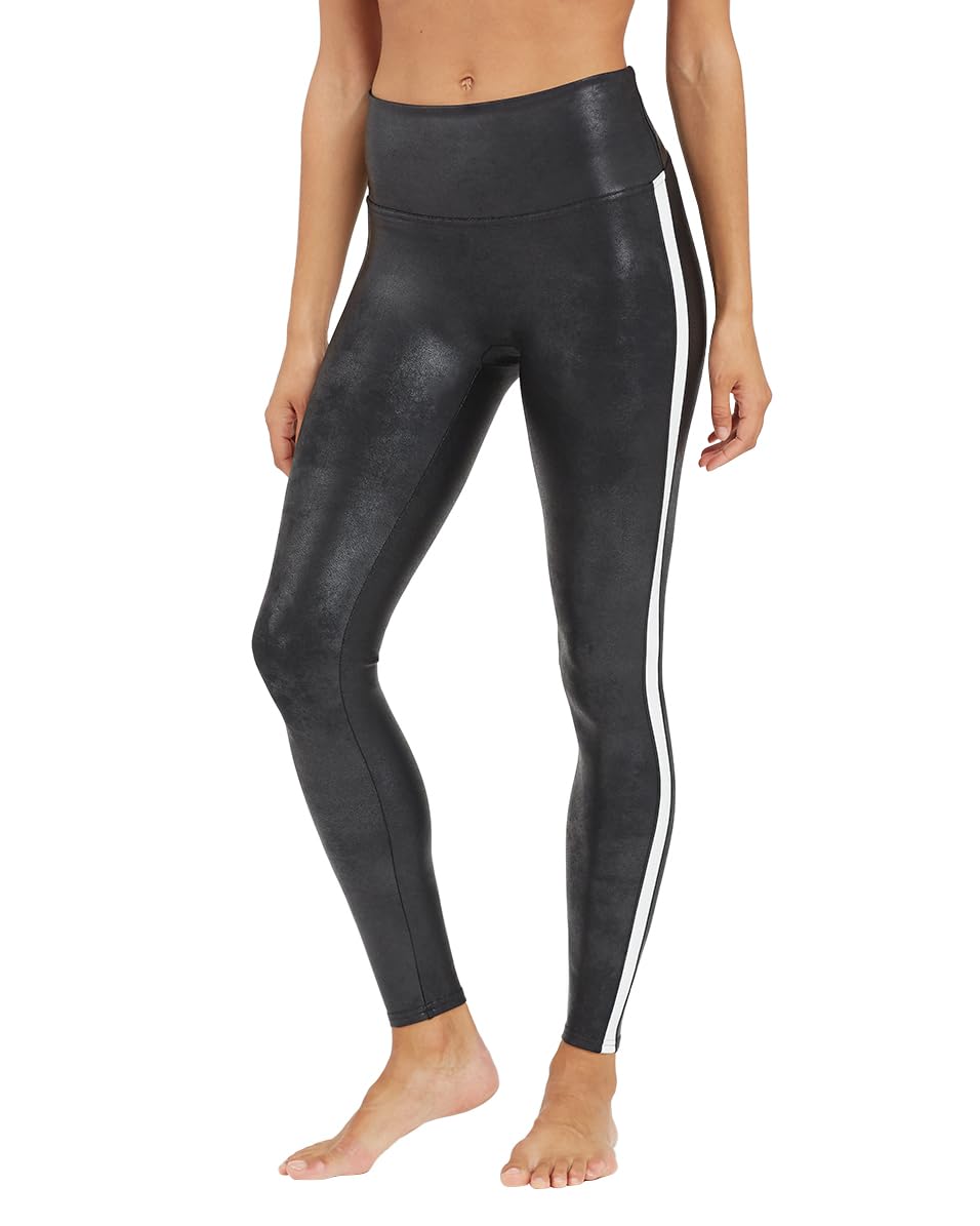 Spanx Leggings de piel sintética de rayas para Mujer, Negro, L