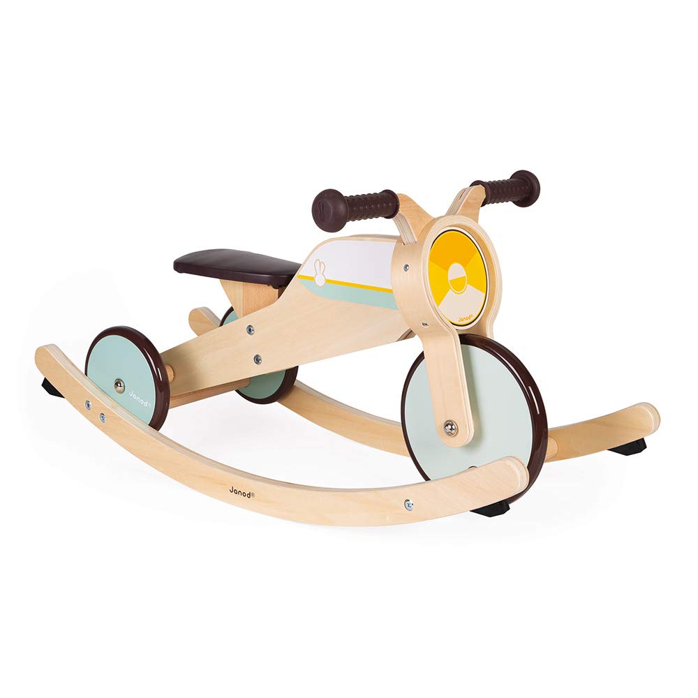 Janod - Triciclo de madera con balancín - Triciclo para bebés de la primera edad - Para desarrollar la motricidad gruesa y el sentido del equilibrio - Juguete de madera - De 12 a 36 meses, J03284