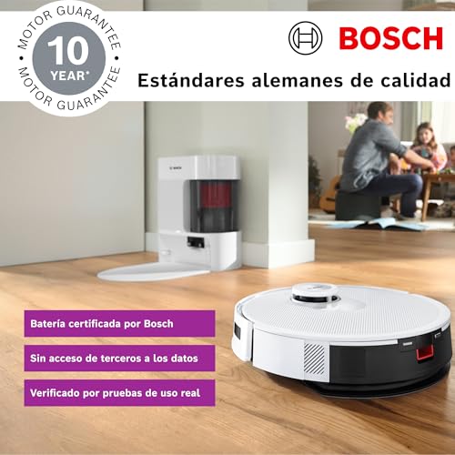 Bosch - Robot Aspirador Spotless +, BCRD1W, aspira y friega, Potencia 11.000 Pa², Almohadilla húmeda Fija, estación Seca, Sistema Inteligente de visión por Infrarrojos, Bosch Home Connect App, Blanco