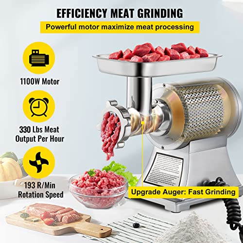 VEVOR Picadora de carne eléctrica 1100 W, capacidad 250kg/h, triturador de carne comercial, material de acero inoxidable para restaurantes supermercados tiendas de restauración rápida carnicerías