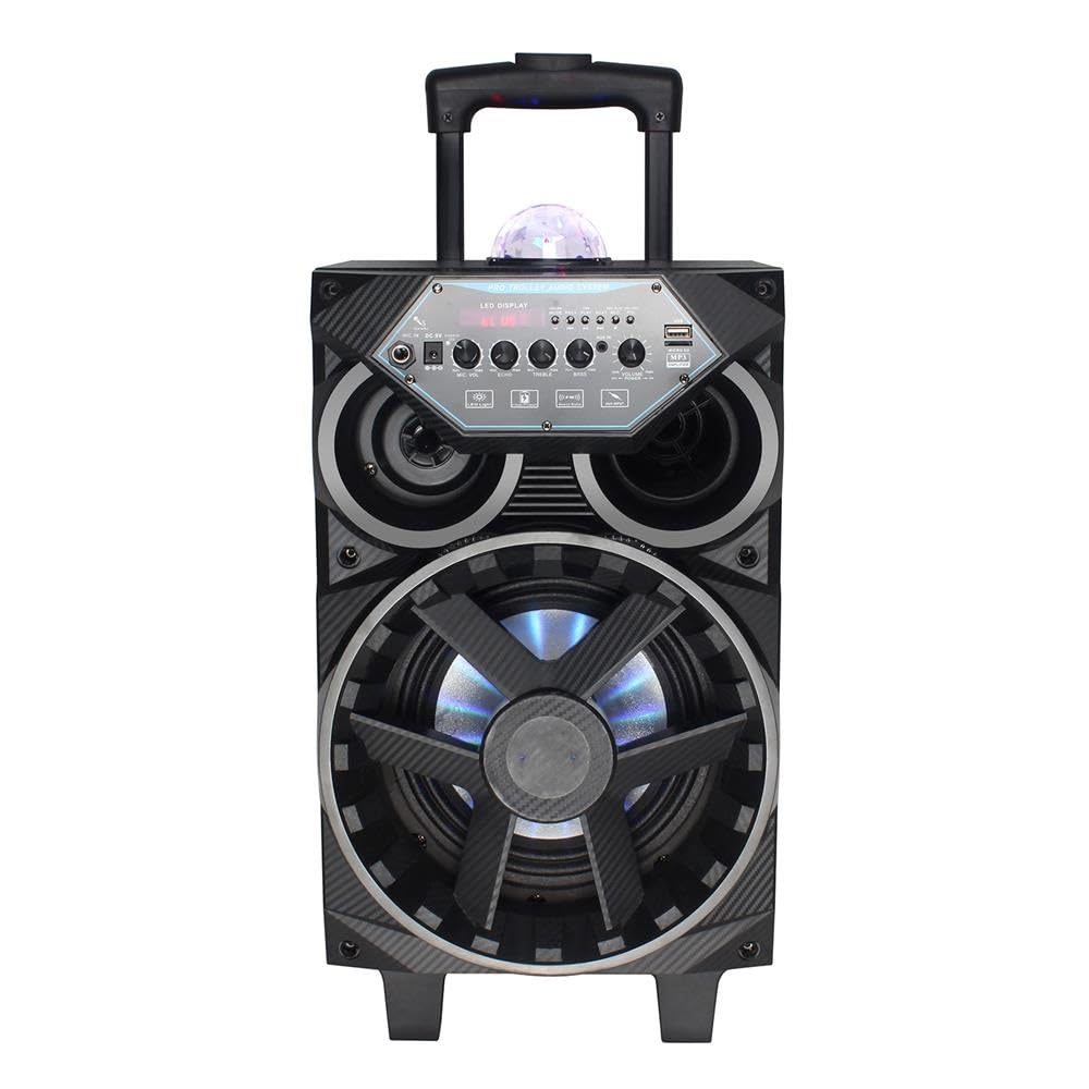 Pyle 580W Portable Bluetooth PA Speaker – 8” Rechargeable Wireless Karaoke System with TWS, LED Display, Disco Lights, FM/USB/SD/AUX Inputs, 6.5mm Mic, Wheels and Trolley, Wireless Mic and Remote