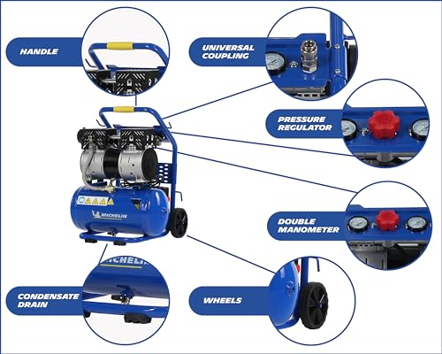 MICHELIN CA-MX10-1 - Compresor Silencioso 10LT 1HP - 59 dB - Capacidad 10 L - Motor de 1 HP - Presión Máx 8 Bar - Caudal 130 l/min - Sin Aceite - Portátil - Carro Ergonómico