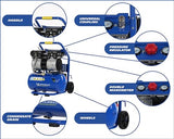 MICHELIN CA-MX10-1 - Compresor Silencioso 10LT 1HP - 59 dB - Capacidad 10 L - Motor de 1 HP - Presión Máx 8 Bar - Caudal 130 l/min - Sin Aceite - Portátil - Carro Ergonómico