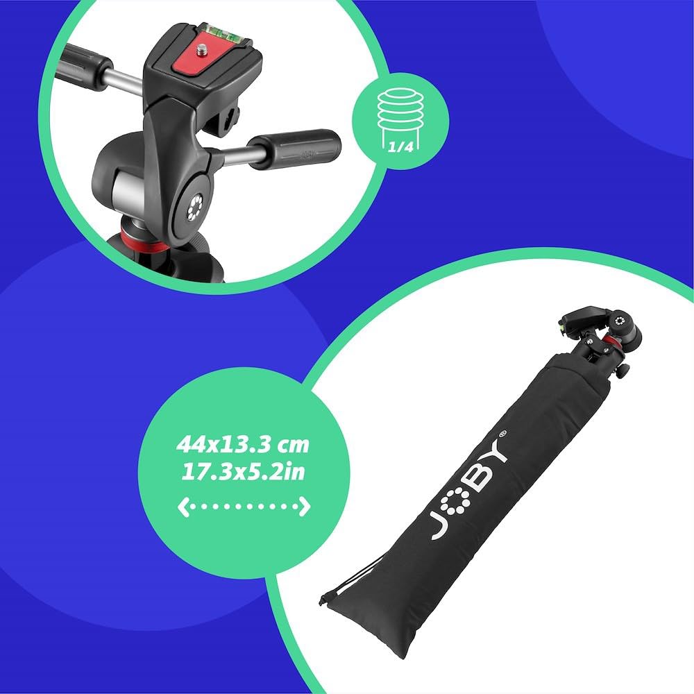 JOBY Compact Advanced Kit, Trípode de Cámara/Smartphone con Rótula 3 vías, Montura Univ. ¼-20 pulg., Pinza de Teléfono y Bolsa, CSC, DSLR, Sin Espejo, Móvil, Negro para Fotografía, Vídeo, Vlogging