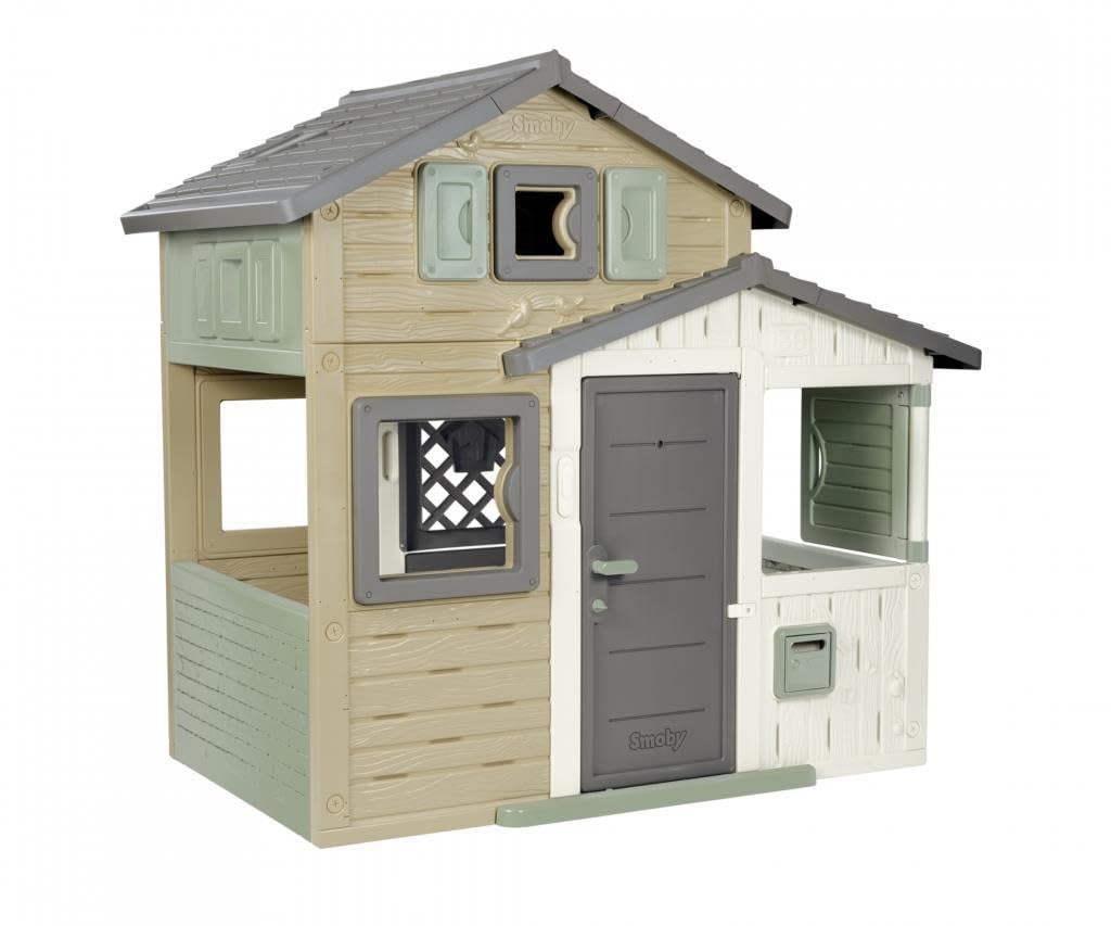 Smoby- Casita Infantil EVO Friends House Smoby Life- Extra Espaciosa, Material Reciclado (50%), Puerta de Entrada, contraventanas, Resistente a los Rayos UV, A Partir de 2 años (7600810205)