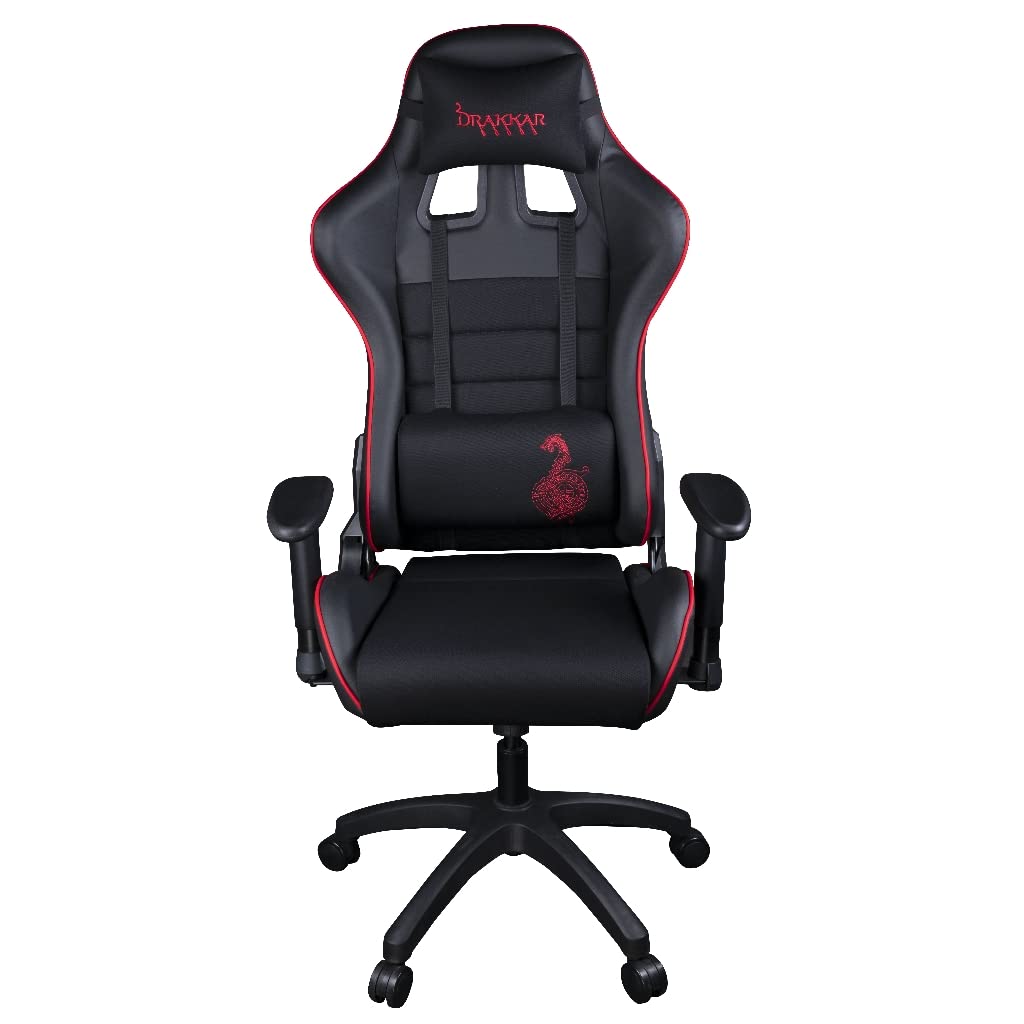 Konix Drakkar Silla de Oficina Gaming Berserk - Inclinación del Asiento 160° - Cuero sintético Liso - Negro y Rojo