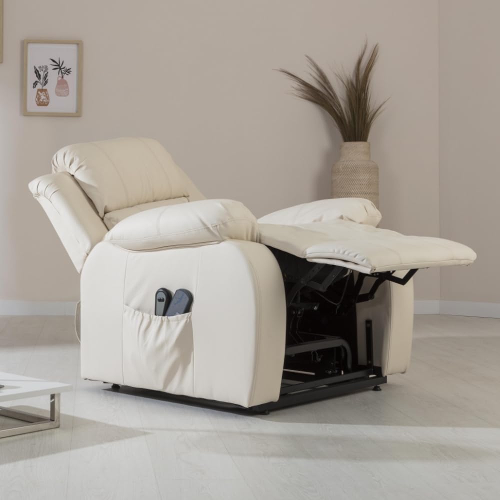ZZ DON DESCANSO - Sillón Relax Eléctrico Levanta Personas Trevi Crema, Reclinación 160º, 10 Programas, Temporizador, Calor Lumbar, Sist. Masaje 4 Zonas, Acabado PU, Incluye Mando