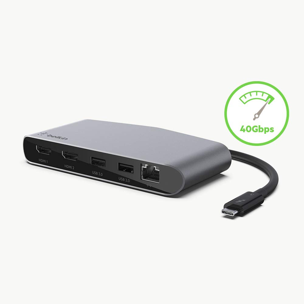 Belkin Base Dock Thunderbolt 3 con Cable Integrado Thunderbolt 3 para Ordenadores Mac OS y Windows con USB-C, Gris