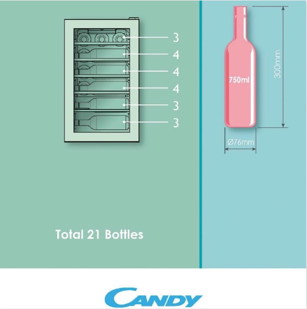 Candy DiVino CWC 021 M/NF Vinoteca Vino, 21 botellas, App HOn con tecnología Vivino, estantes cromados, 39 dB, Clase G, 40 x 55 x 70 cm, negro [Clase de eficiencia energética G]