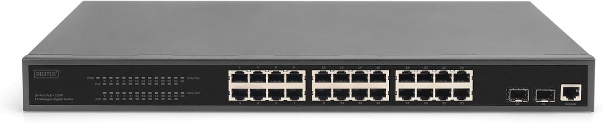 DIGITUS 27 Port Managed Gigabit PoE Network Switch - 24 Ports RJ45-2 SFP Ports - 1 Console Port - 450W PoE Budget - Features L2-19 Inch