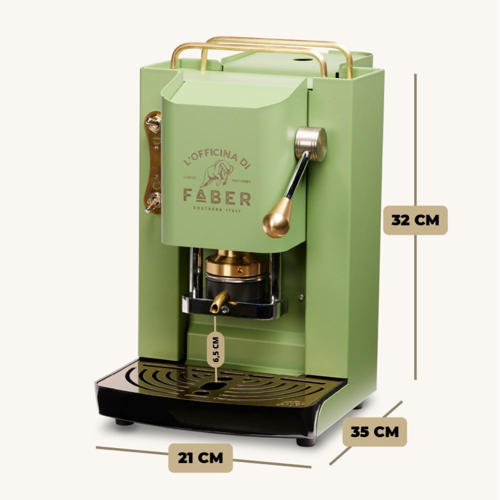 Cafeteras Faber modelo Pro Deluxe, cafetera en monodosis ESE 44 mm, acabado con revestimiento de latón, prensa de cápsulas ajustable de latón, electroválvula estándar (verde neón)