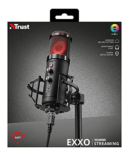 Trust Gaming GXT 256 Exxo Micrófono USB, Patrón Cardioide, con Filtro Pop, USB, RGB, Micrófono Streaming para Grabación, Podcasting, Radiodifusión, PC, PS4 y PS5 - Negro