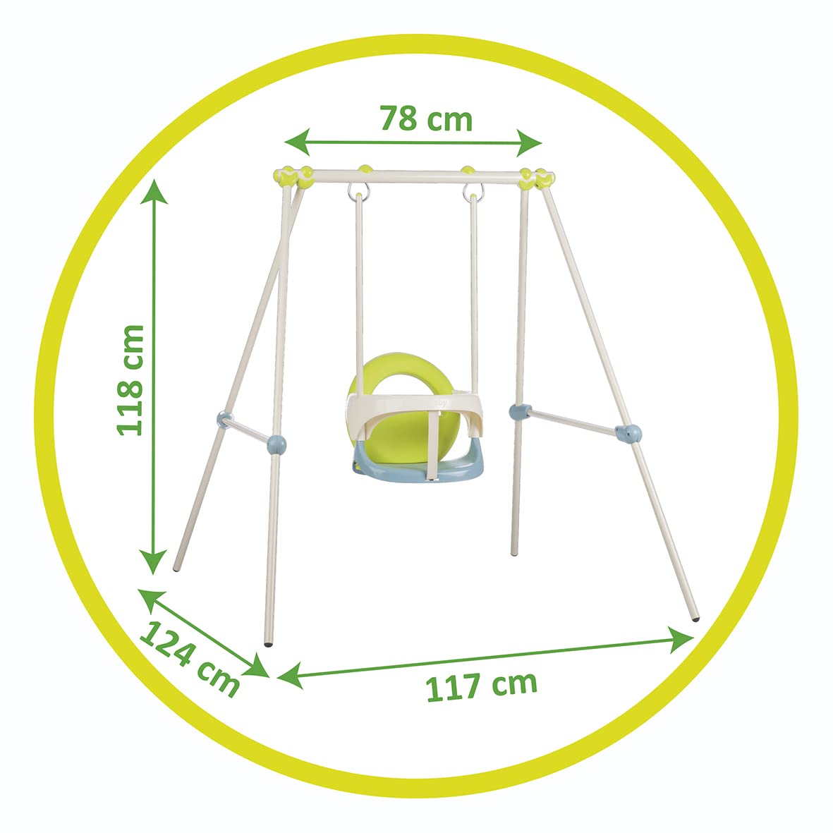 Smoby - Columpio Baby Swing para Bebés, para Interior y Exterior, Estructura de Metal Segura y Resistente, Asiento Verde y Azul, Adecuado a Partir de 6 Meses - 117x124 x118cm (7600830304)