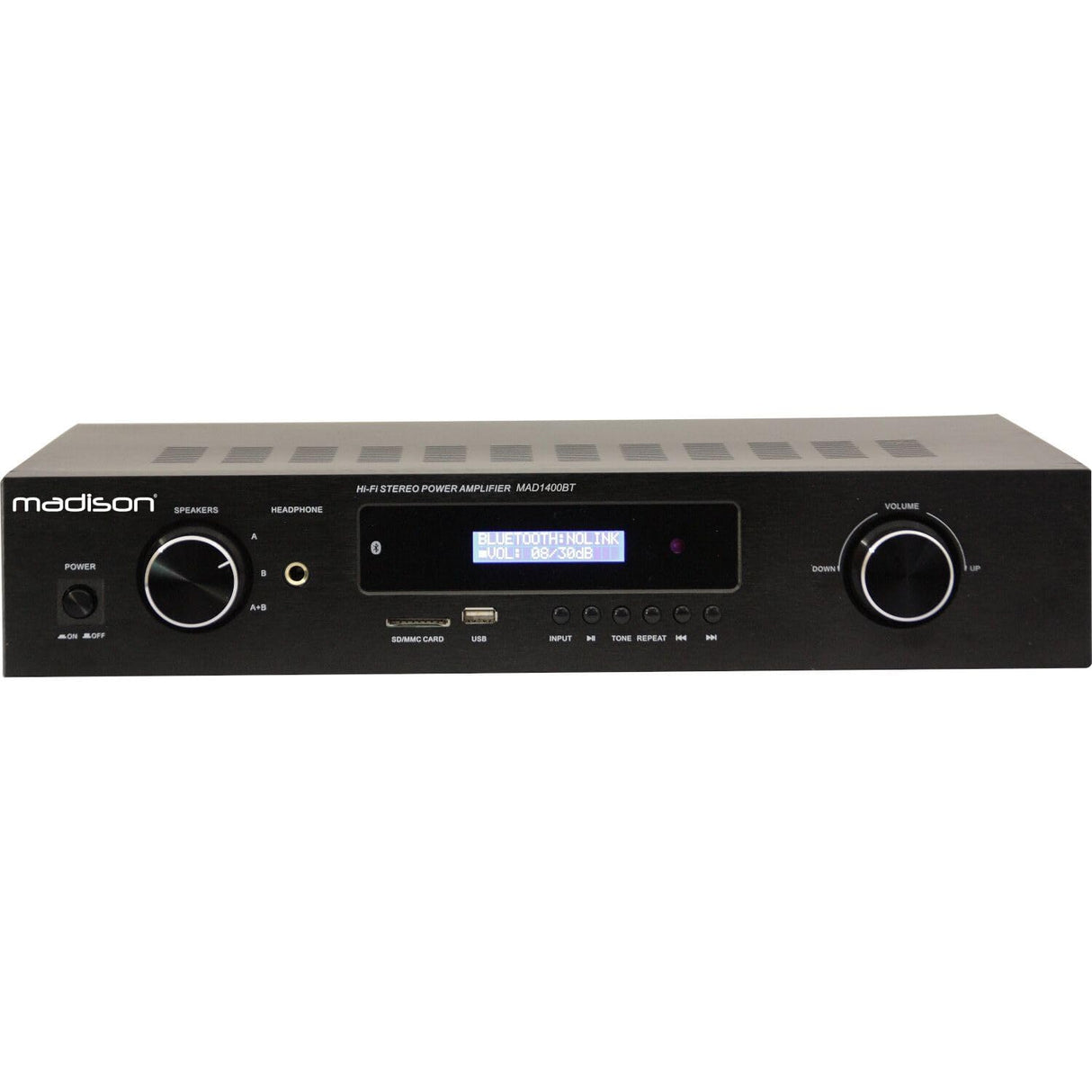 Madison - MAD1400BT-BK - Amplificador estéreo HI-FI 2 x 100W RMS con Bluetooth, USB, SD y FM - Aluminio negro