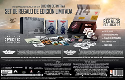 Top Gun Pack Ed. Coleccionista Steelbook: Top Gun + Top Gun: Maverick (4K UHD + Blu-ray) (Contiene: Set de Fotos, Imanes de Emblemas, Placas de Identificacion, Llavero de Cuero, Posavasos)