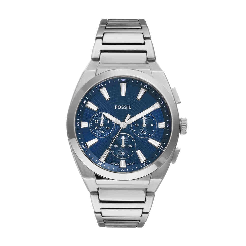 Fossil Reloj Everett para Hombre, Movimiento Cronógrafo Cuarzo con Correa de Piel o Acero, Gris y Azul
