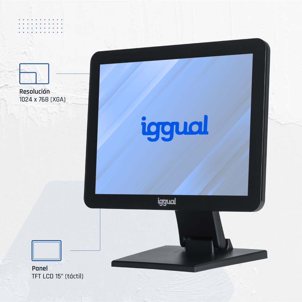 iggual Monitor Táctil 15", Formato 4:3 .- Panel Capacitivo 75Hz - Sist. Operativo Compatible : Windows 7 a 11, Android, Linux, Raspberry Pi- Conexiones: USB-A + VGA + HDMI, 300cd/m2, (MTL15X)