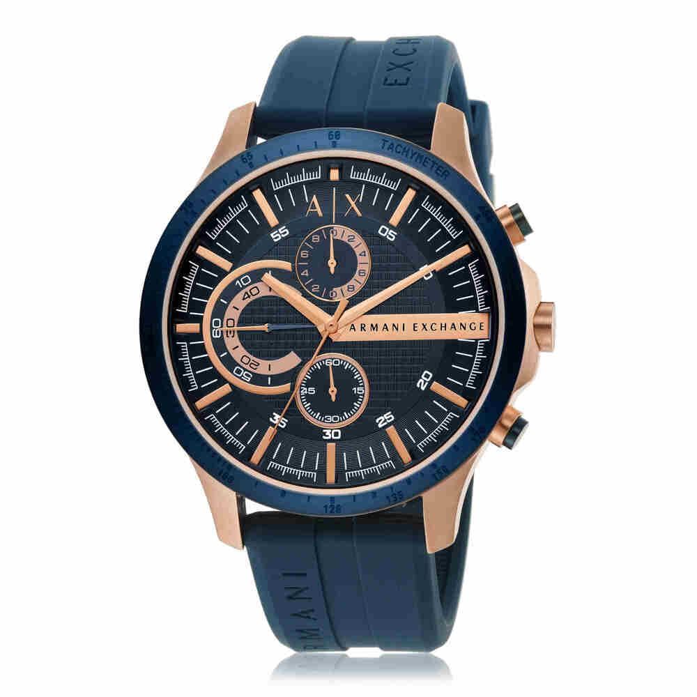 Armani Exchange Orologio da uomo, Movimento cronografo al quarzo e cassa da 46 mm con cinturino in silicone, Tono oro rosa y azul oscuro