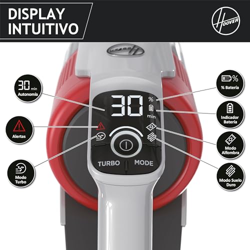 Hoover HF9 Home HF910H, Aspiradora Escoba sin Cable, sin Bolsa, 3 en 1, Escoba, de Mano y Vertical, Cepillo Antienredos, Autonomía 30 min, Color Gris/Rojo