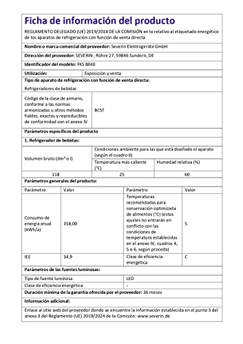 SEVERIN - Refrigerador de botellas, suficiente para 56 botellas de 0.33L cada una. Temperaturas entre 10 y 0 °C. CFKS 8840