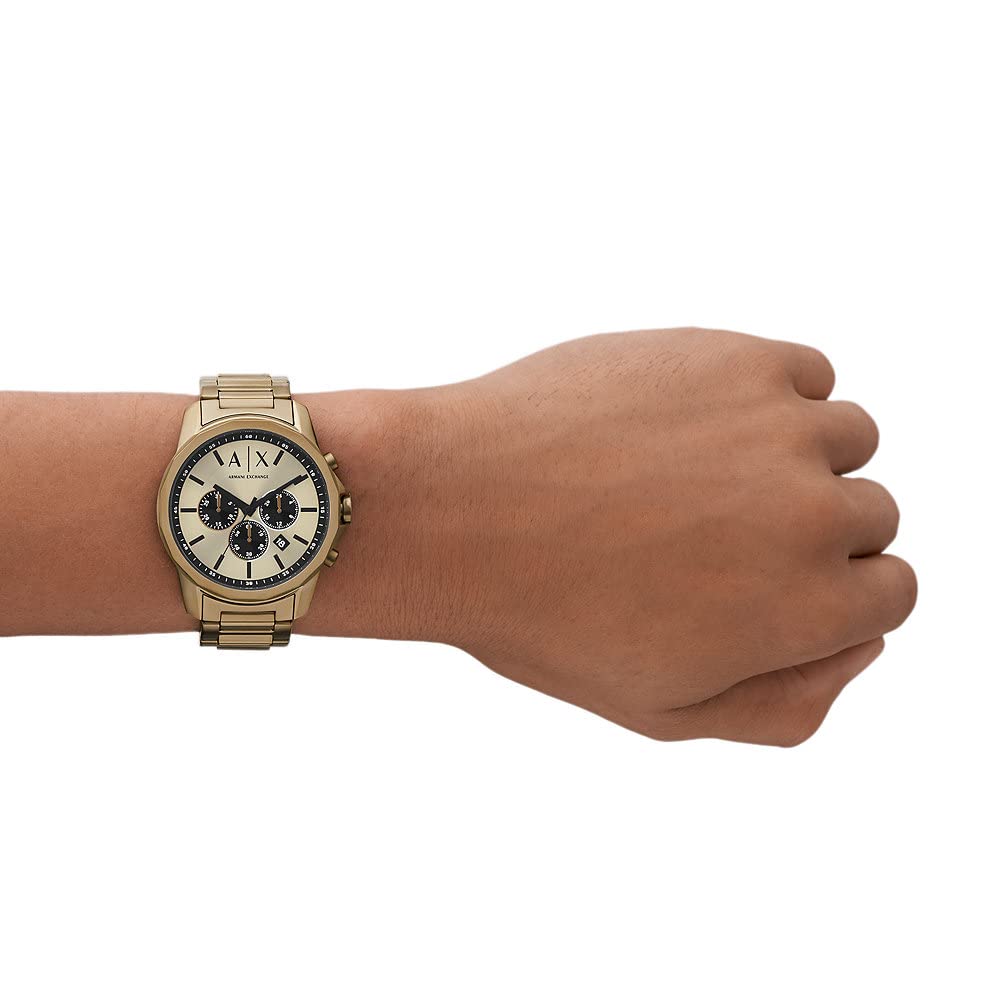 Armani Exchange Reloj Tono Oro para Hombre, Movimiento cronógrafo Cuarzo y Caja 44mm con Correa Acero Inoxidable, Tono Dorado y Crema