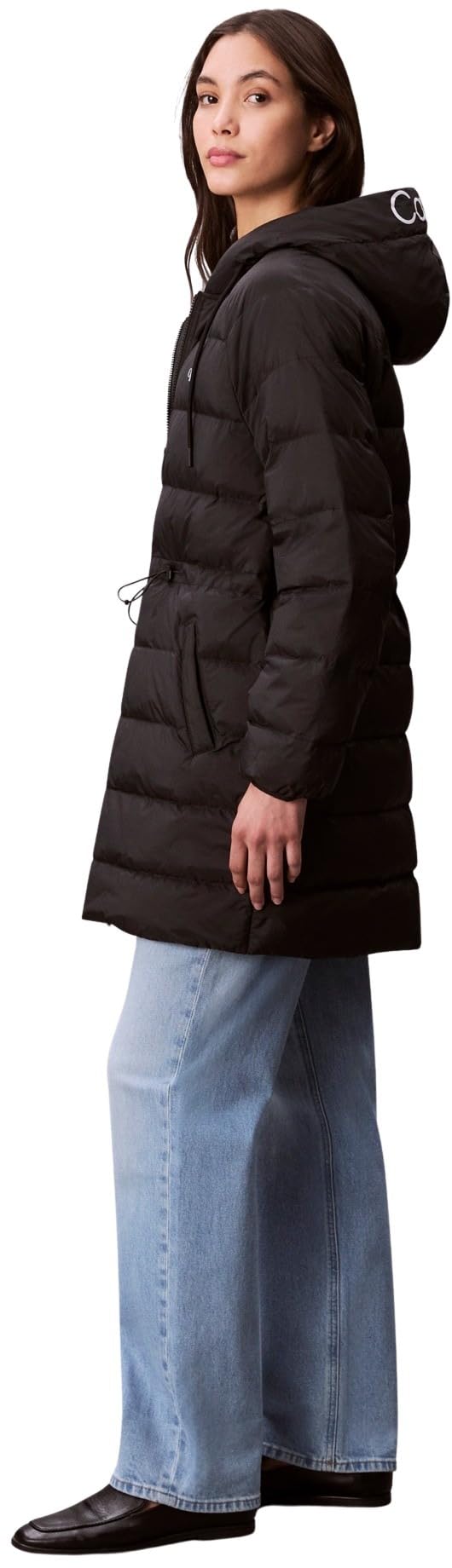 Calvin Klein Abrigo de plumas Mujer Lightweight Logo Mid Length con capucha, Negro (Black), S