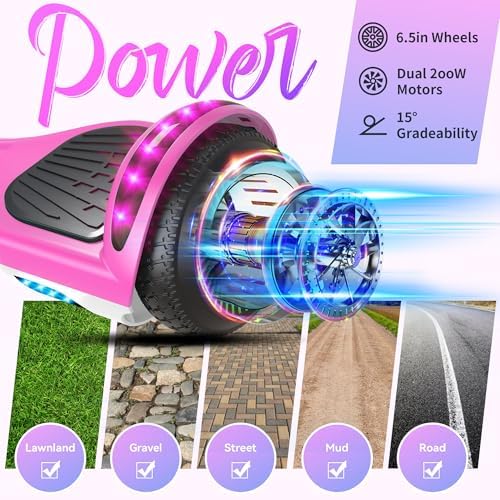 SISIGAD Hoverboard, Gyropode 6.5 Pouces, Hoverboard avec Bluetooth, lumières LED,haut rose et bas blance