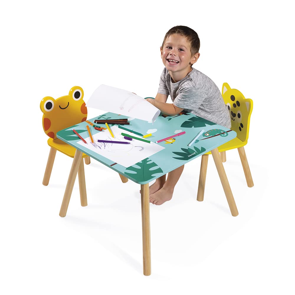 Janod - Mesa y 2 Sillas de Madera Tropik - Mobiliario para Niños - Mesa 55 x 55 cm, Silla Rana y Silla Jaguar - Pintura al Agua - A partir de 3 Años, J08273