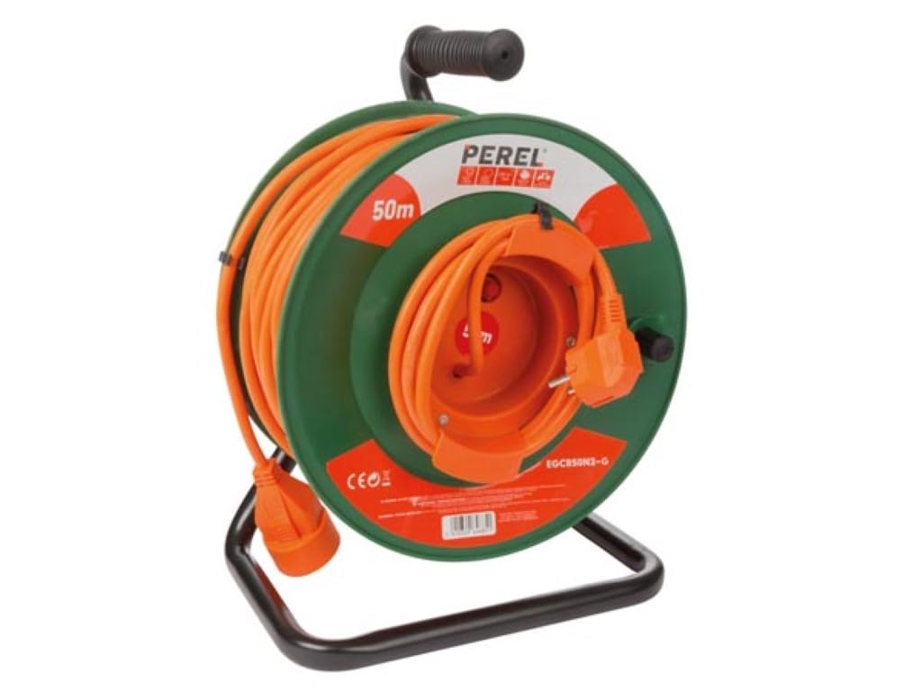 Perel Extensión electrónica sobre enrollamiento, uso interior, tierra alemana, protección térmica, 50 m, 3g1.5, naranja/verde
