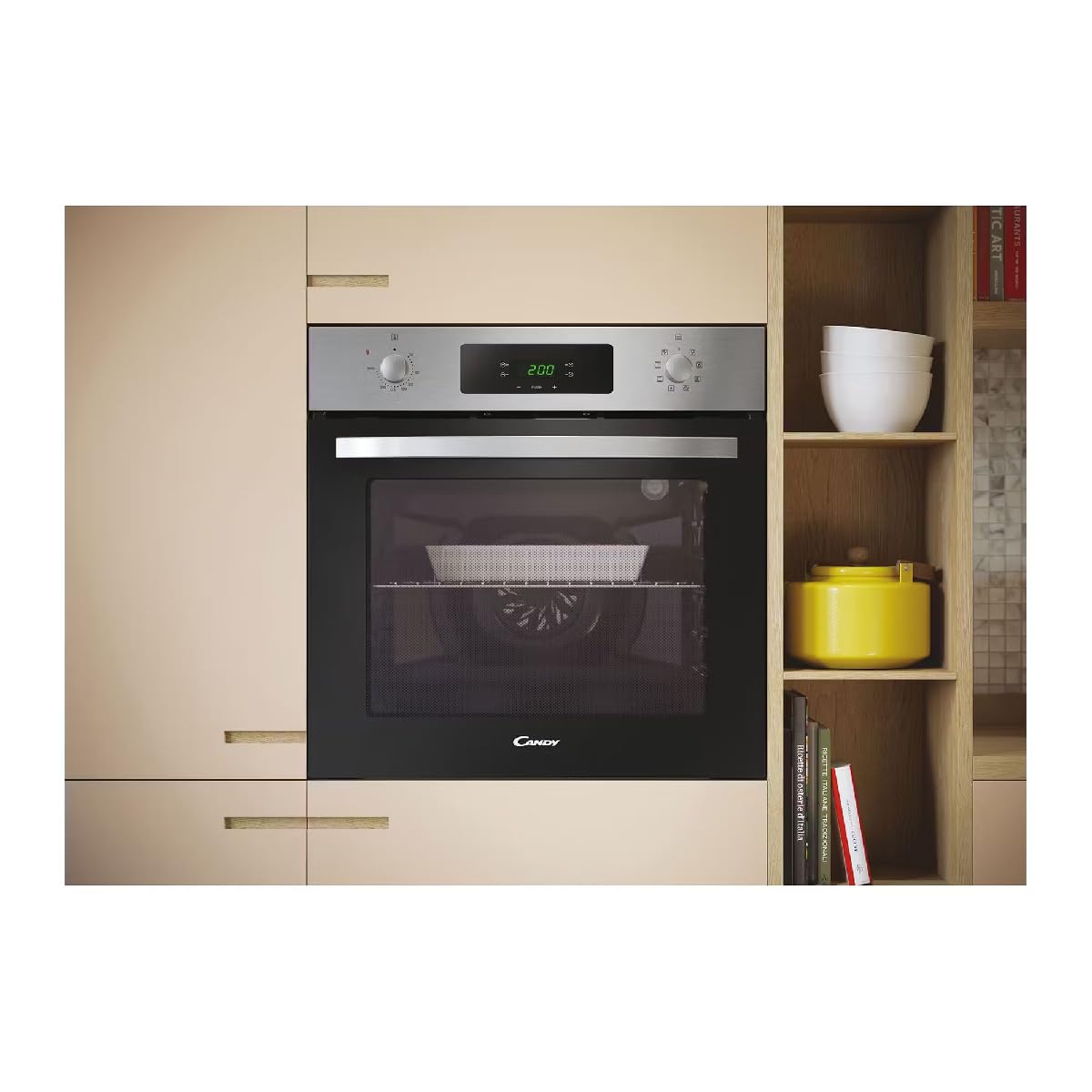 Candy Idea FIDC X605, Horno Multifunción, 65L, 2400W, 1 Bandeja y 2 Rejillas, Ventilador Radial, 9 Funciones, Temporizador, Display táctil, Puerta Doble Cristal Desmontable, Inox y Negro