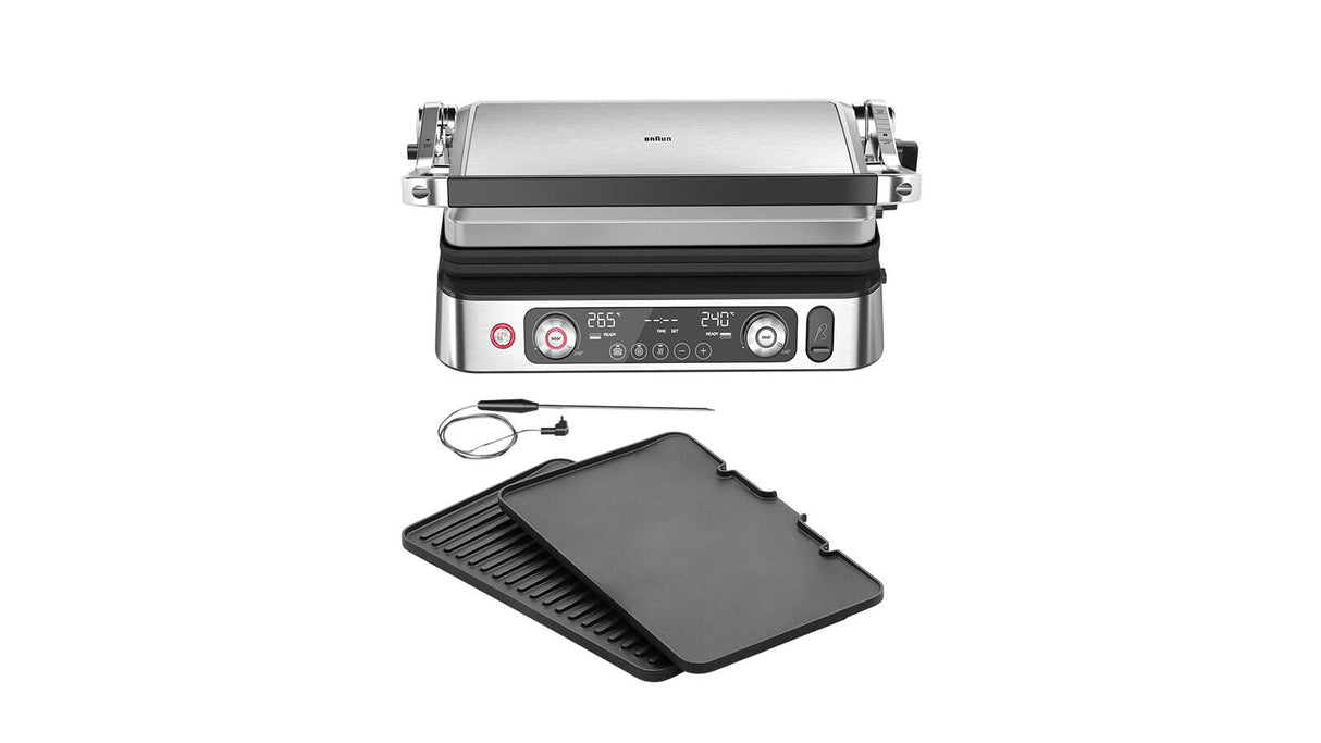 Braun MultiGrill 9 Pro CG 9160, Plancha Eléctrica con 2 Termostatos Independientes, 3 Posiciones de Cocinado, Placas Lavables en Lavavajillas, Sonda Térmica Integrada, 2200 W, Negro/Acero Inoxidable